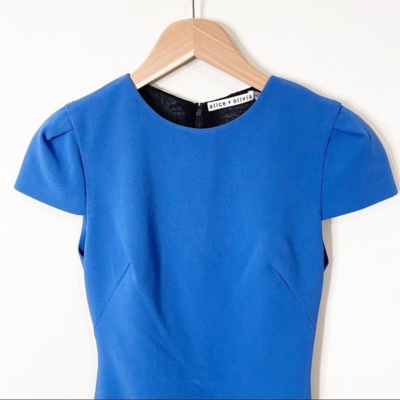 Alice + Olivia Hollis Blue Royal Black Lace Cap Sleeves Sheath Dress Size 2 US - Picture 3 of 7